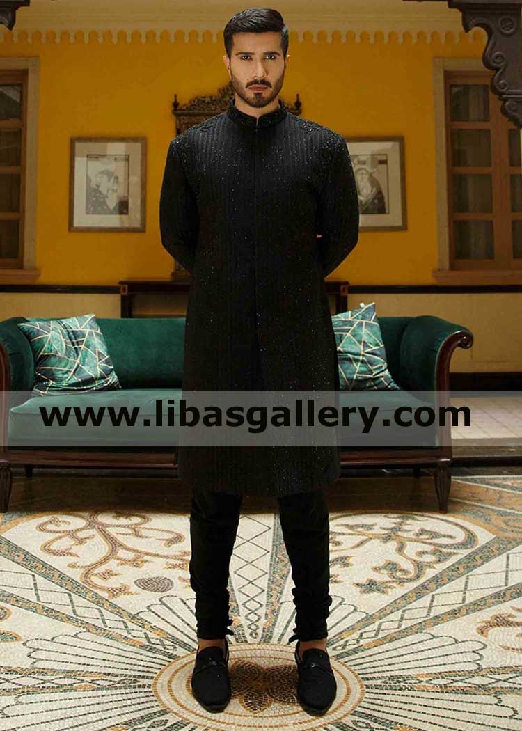 Feroze khan in Black bespoke full Embroidered Groom Wedding jacket for nikah barat mehndi occasions matching kurta pajama inner saudi arabia usa uk