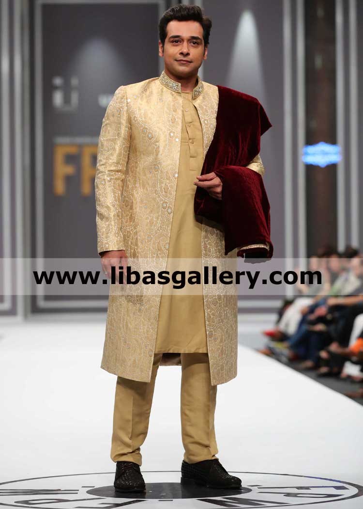 Actor Faisal Qureshi smiling in Pakistani Garish Golden designer wedding sherwani nikah barat rukhsati time san francisco charlotte USA