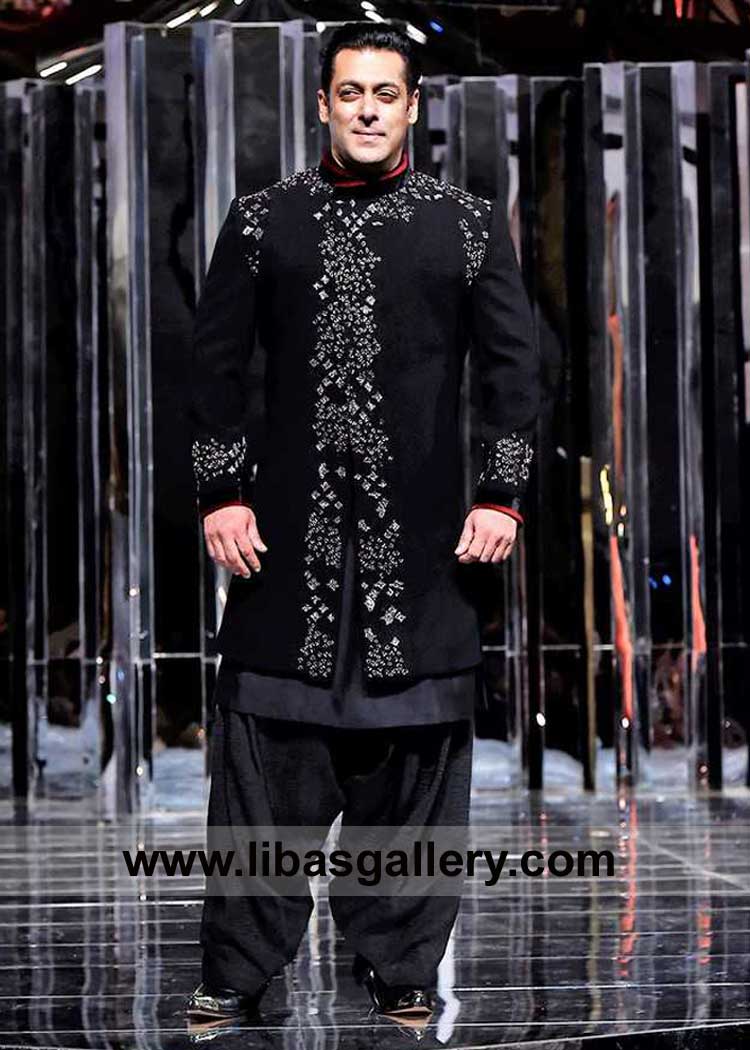 salman khan actor wearing celebrity style black groom sherwani suit by manish malhotra uk usa canada