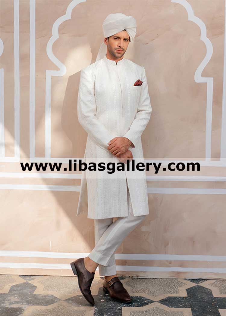 white dove raw silk wedding sherwani suit for men ready for nikah with barat male members in masjid with nikah khuwan toronto london texas dubai