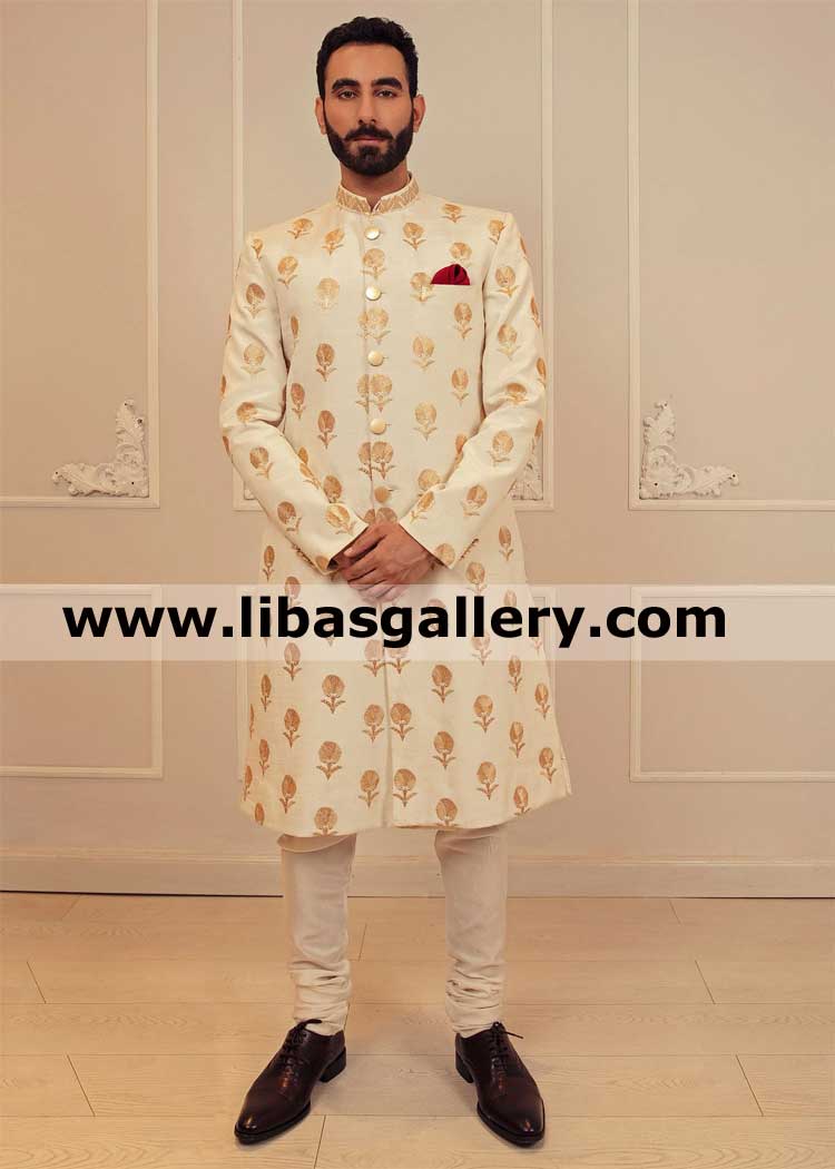 Branded groom dulha sherwani Turkish carnation embroidered over a crisp off white base book order wedding jacket online by paypal balance UK USA Canada Australia