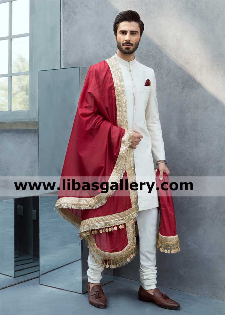 nikah barat caravan holy journey with groom wearing plain karandi ivory sherwani subtle texture Europe Asia Africa UAE