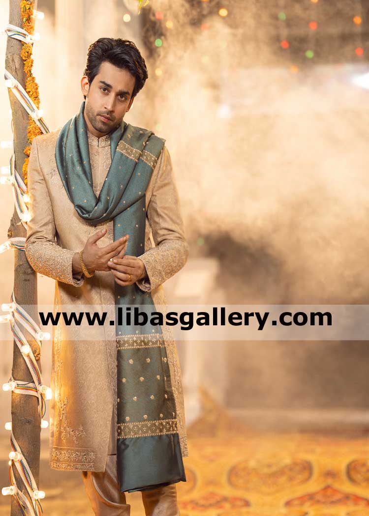 Golden Embellished self jamawar groom sherwani suit Emir with matching kurta pajama custom made sherwani shop pakistan india bangladesh