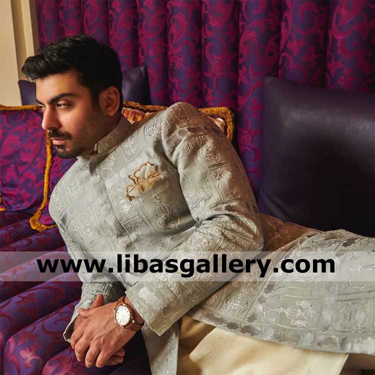 Luxury embroidered groom sherwani carved brick patterns Roya fawad khan wearing dedicate to barat nikah time dulha groom fast delivery worldwide france germany australia-Shop Pakistani Indian Bridal Wear online Bridal outfits Retail Luxury embroidered groom sherwani carved brick patterns Roya fawad khan wearing dedicate to barat nikah time dulha groom fast delivery worldwide france germany australia-Shop Pakistani Indian Bridal Wear online Bridal outfits Retail