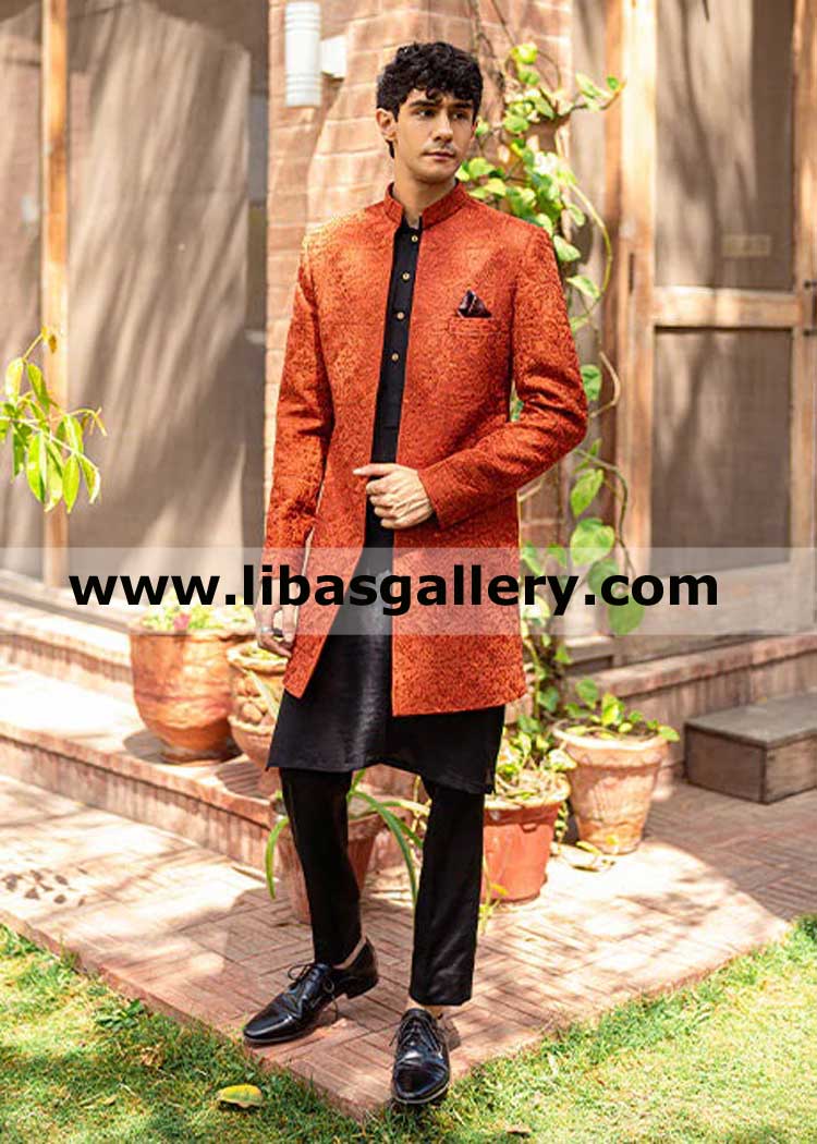 orange luxury embroidered karandi groom wedding jacket for nikah barat scene self color silk thread embroidery France Germany Oman South Africa