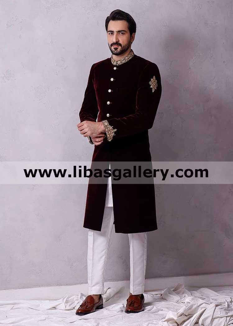 regal maroon sherwani for groom in velvet for nikah barat time gold embellishment on collar and cuff white inner suit uk usa qatar