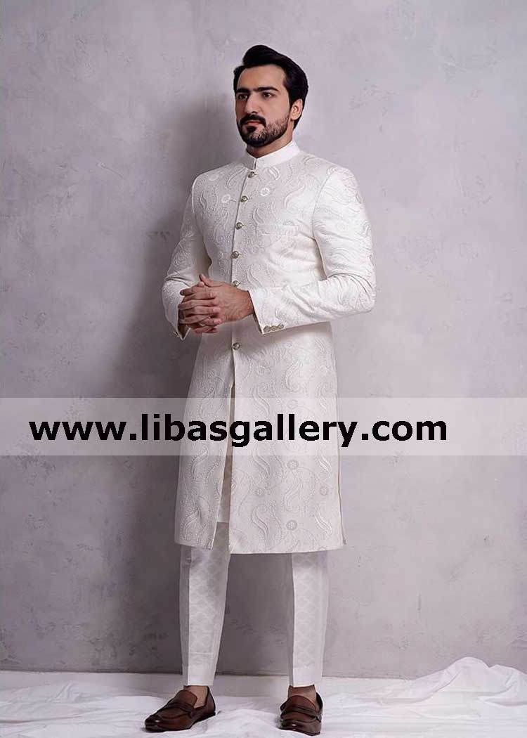 white groom wear muslim nikah barat achkan in top class jamawar professional tailor stitching saudi arabia scotland america 