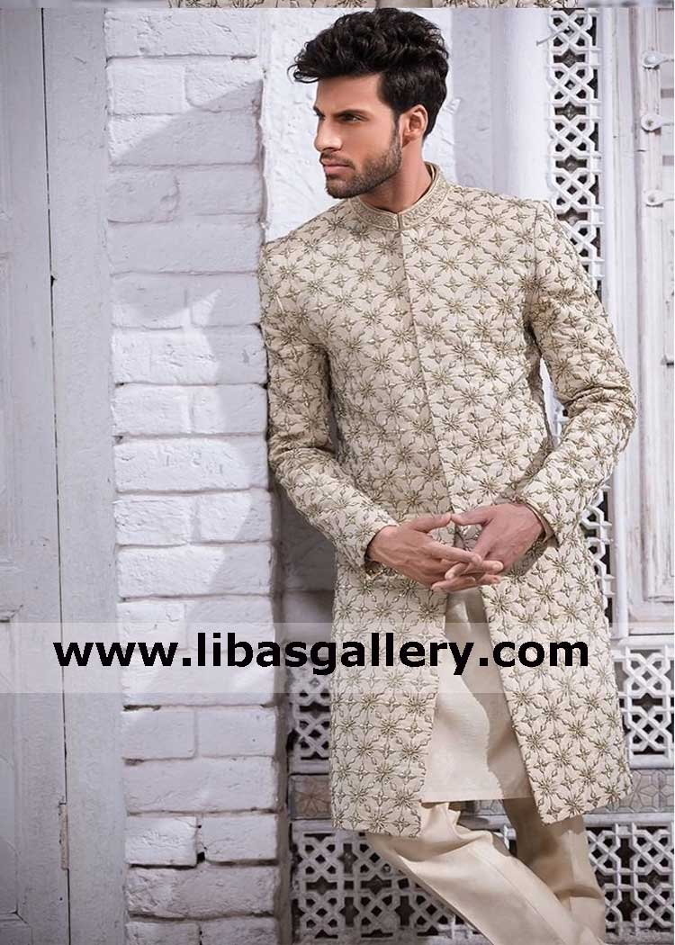 raw silk rich quality groom wedding jacket for nikah barat day custom made achkan paired with matching inner suit fast delivery to france germany singapore