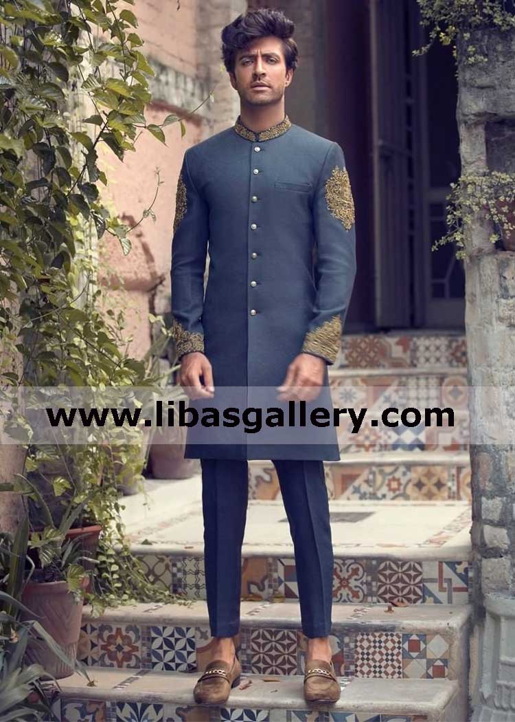 short length blue gold groom hand embellished wedding sherwani suit slim fit style with matching inner suit order online for nikah europe asia south africa