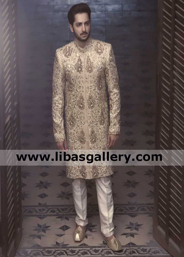 Danish taimoor showing Grand embellished sherwani suit for groom nikah barat shop online for uk usa dubai
