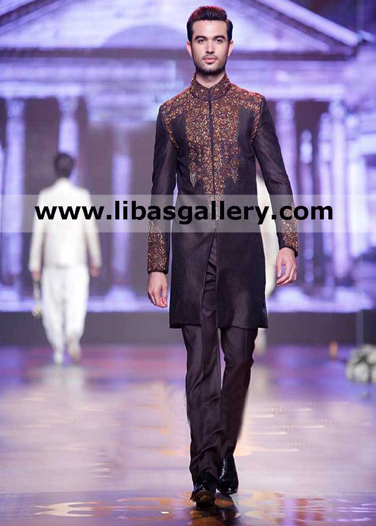 latest wedding sherwani in suiting fabric and raw silk gold and antique hand embellishment on front collar and sleeves buy online qatar kuwait america