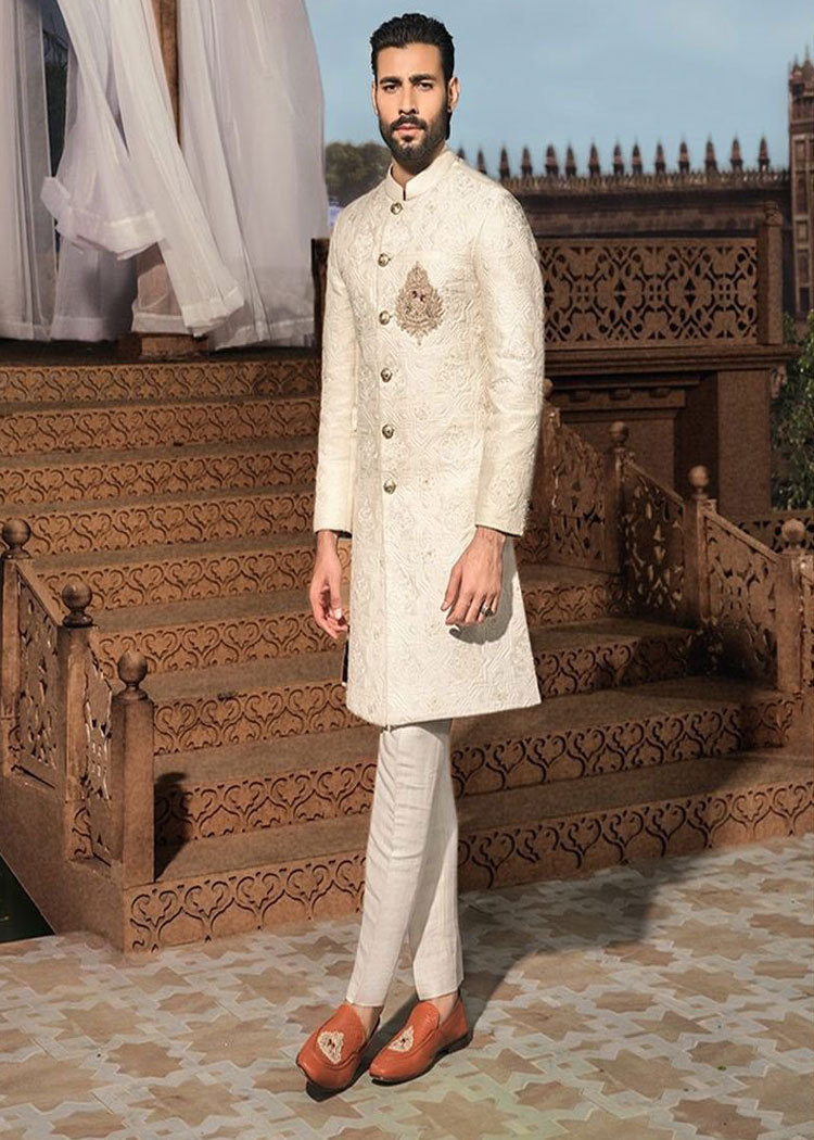 Heavy embroidered royal type groom nikah barat custom made jacket slim fit style paired with inner kurta trouser saudi arabia qatar england