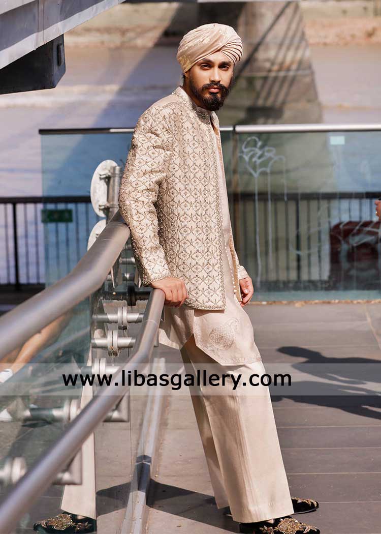 Short Wedding Sherwani open in Mughal Inspired Embroidery- Groom wear for Nikah Barat with adda work Short Wedding Sherwani open in Mughal Inspired Embroidery- Groom wear for Nikah Barat with adda work