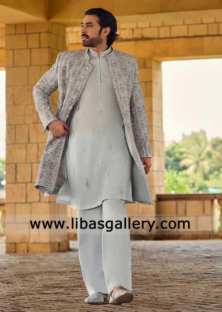 Groom silver blue embroidered wedding sherwani with Resham thread and cut dana hand work French knot UK USA Canada Dubai Australia