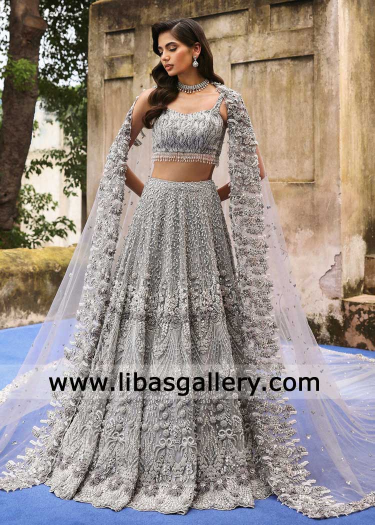 bridal lehenga choli silver grey masterpiece of detailed craftsmanship richly adorned including bridal dupatta Glasgow San Jose Dubai Sydney