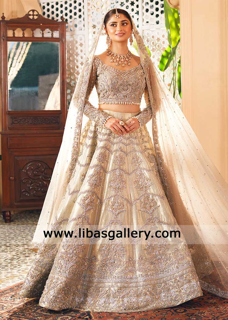 Silver Hand Embellished Bridal Lehenga Choli for Walima with Veil Silver Hand Embellished Bridal Lehenga Choli for Walima with Veil