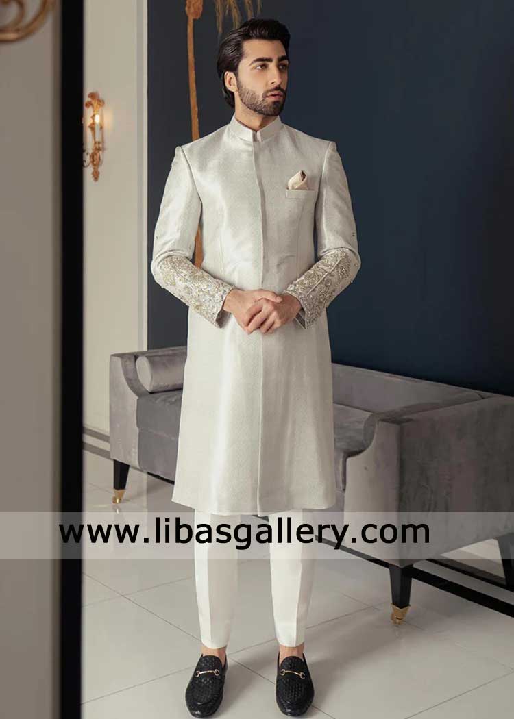 Groom Nikah Sherwani Silver Self Jamawar brocade with dull gold hand embellishment paired inner kurta trousers UK USA Canada Dubai Australia