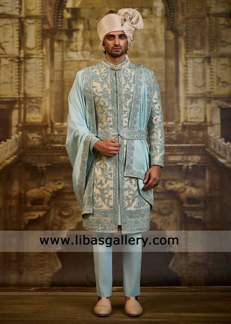 Aqua Blue hand embellished Groom Wedding Sherwani- Wedding Wear for Nikah