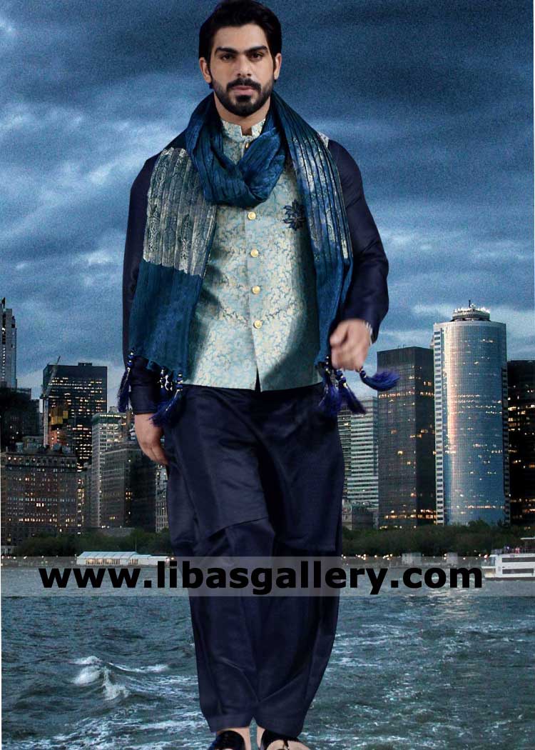 Jamawar Waistcoat Style for Men Occasion in Sky blue color with blue kurta shalwar and matching stole Orlando Colorado Sugarland Texas USA