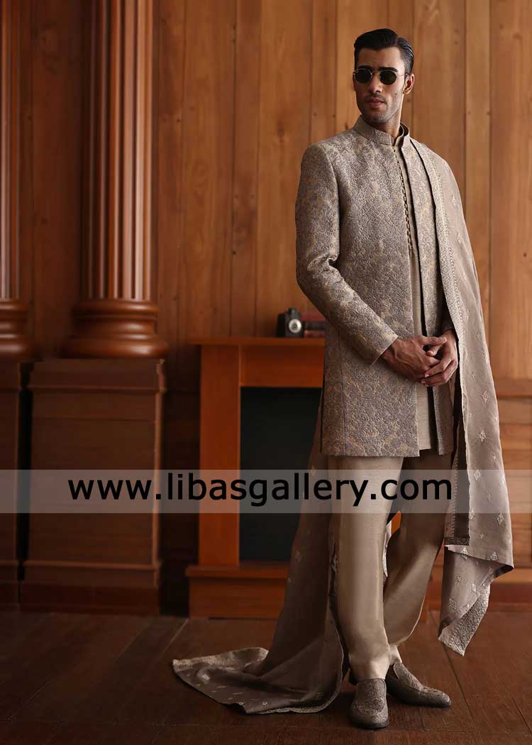 Sand brown heavy embroidered Groom open prince coat with Loop Buttons kurta and straight pants UK USA Canada Dubai Australia