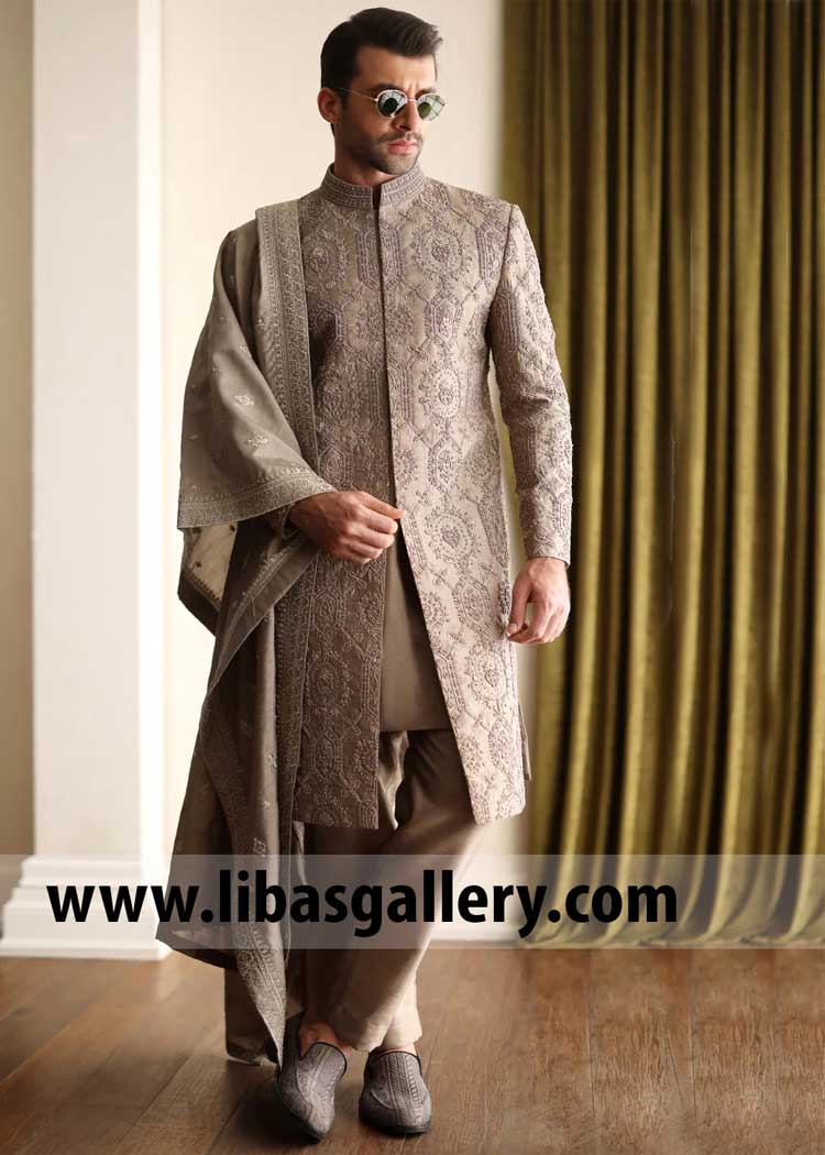 luxury taupe embroidered wedding shawl for groom Nikah | Groom Shawls luxury taupe embroidered wedding shawl for groom Nikah | Groom Shawls