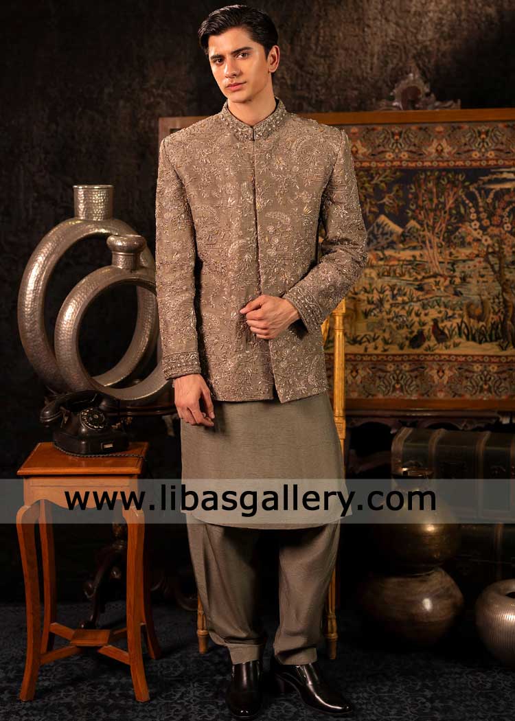 Short taupe gray sherwani with silver embroidery California USA regal fabric Groom Nikah Sherwani Rich and heritage look wedding sherwani Short taupe gray sherwani with silver embroidery California USA regal fabric Groom Nikah Sherwani Rich and heritage look wedding sherwani