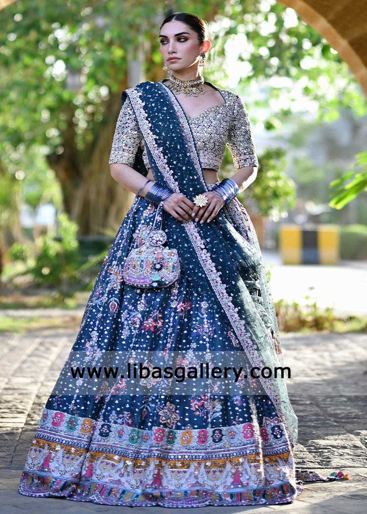 Teal lehenga choli with intricate geometric hand embroidery for occasion Teal lehenga choli with intricate geometric hand embroidery for occasion