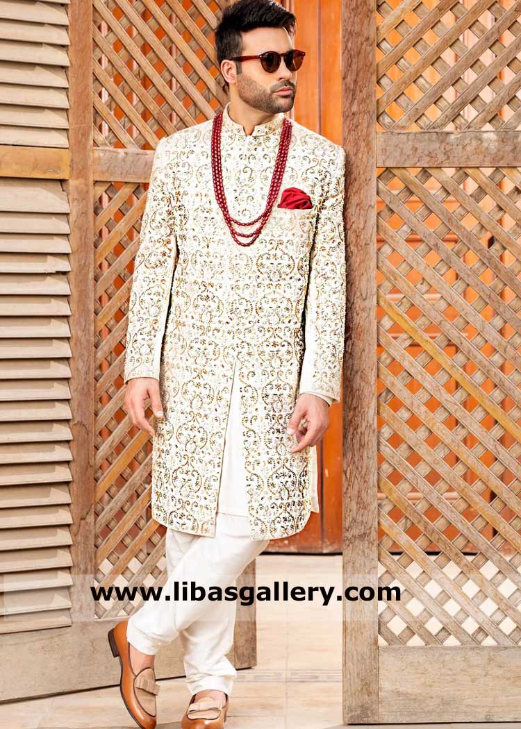 Groom sherwani style white with fancy hand embellishment, wedding nikah sherwani UK USA Canada Dubai Australia Groom sherwani style white with fancy hand embellishment, wedding nikah sherwani UK USA Canada Dubai Australia