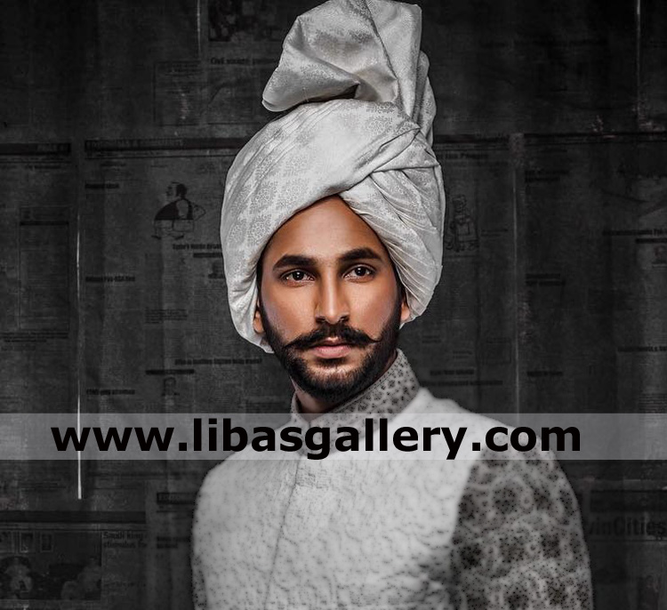 high quality royal type jamawar banarsi fabric pretied groom turban in off white and gray silver color for nikah barat day uae saudi arabia qatar high quality royal type jamawar banarsi fabric pretied groom turban in off white and gray silver color for nikah barat day uae saudi arabia qatar