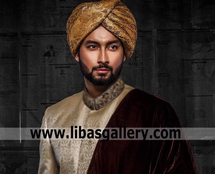 Classic groom turban in jamawar for nikah barat session in antique zari color pretied dulha bhai turban shop pakistan bangladesh dubai