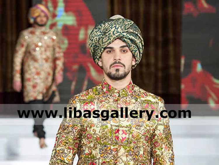 Green jamawar turban with gold zari for nikah barat groom dulha bhai venue enjoy special day pretied pagri demark italy scotland