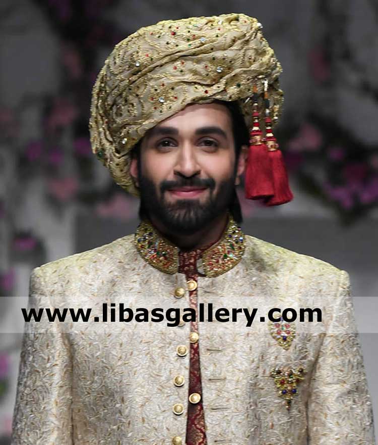rubi and emerald stones khaki embroidered organza azfar rahman pretied wedding turban pagri for nikah barat groom location without tail kuwait australia cyprus rubi and emerald stones khaki embroidered organza azfar rahman pretied wedding turban pagri for nikah barat groom location without tail kuwait australia cyprus