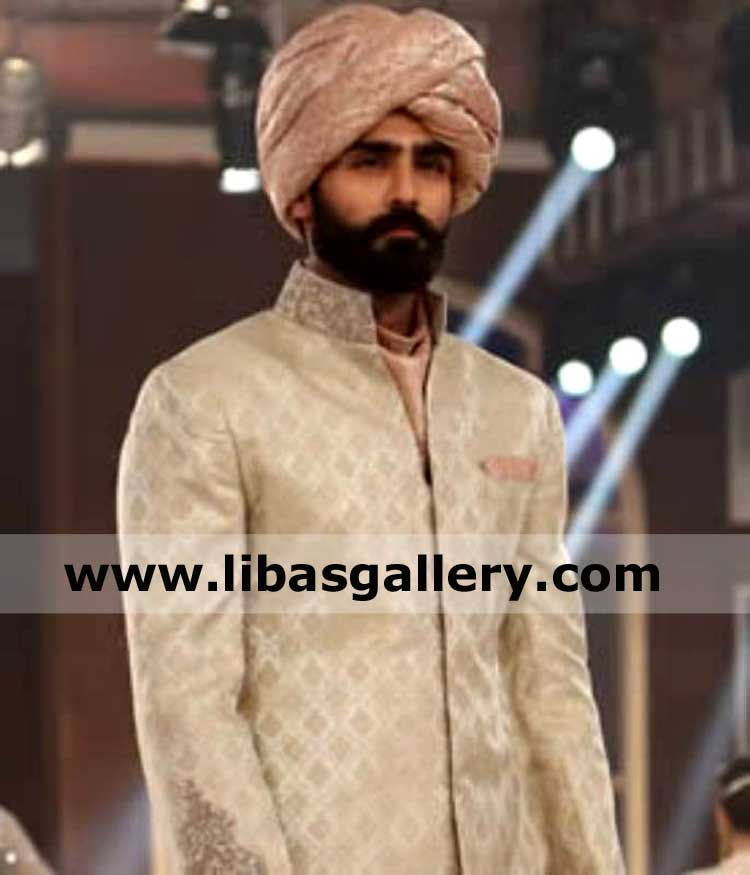 Rajasthani style tight wrapped apricot color groom nikah turban pagri hasnain lehri modeling designer dastar for man london birmingham uk