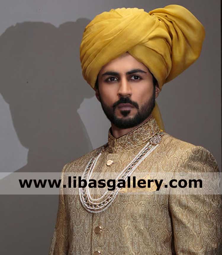 Amber color branded cotton wedding turban pretied for groom bring it any where by express courier buy through paypal CC UK USA Canada