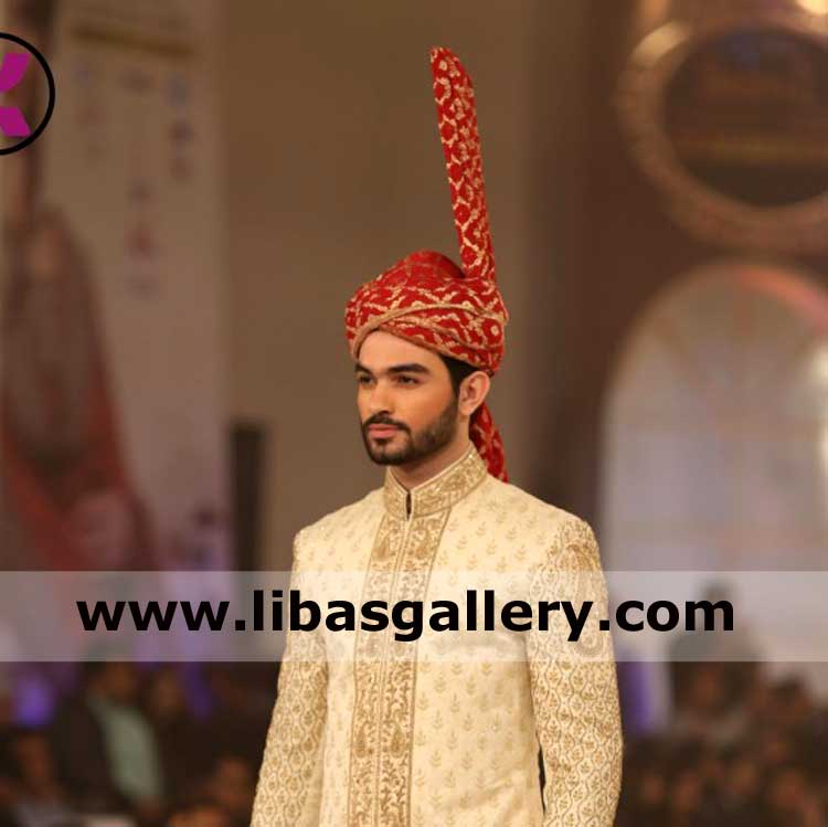 punjabi style high tower kulla in red color with gold piping for groom nikah barat minutes head size made pagri taiwan singapore hong kong