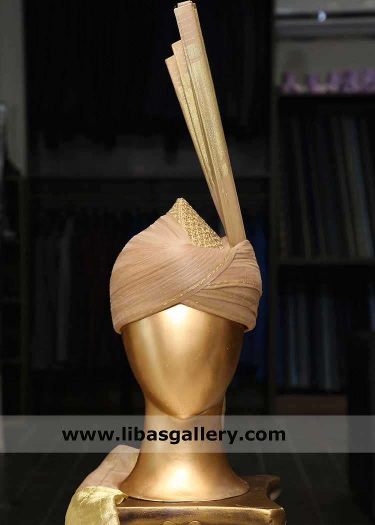 Turban for groom in light peach gold combo, Wedding turbans, Turbans for Dulha Nikah Montreal Toronto Calgary Canada USA