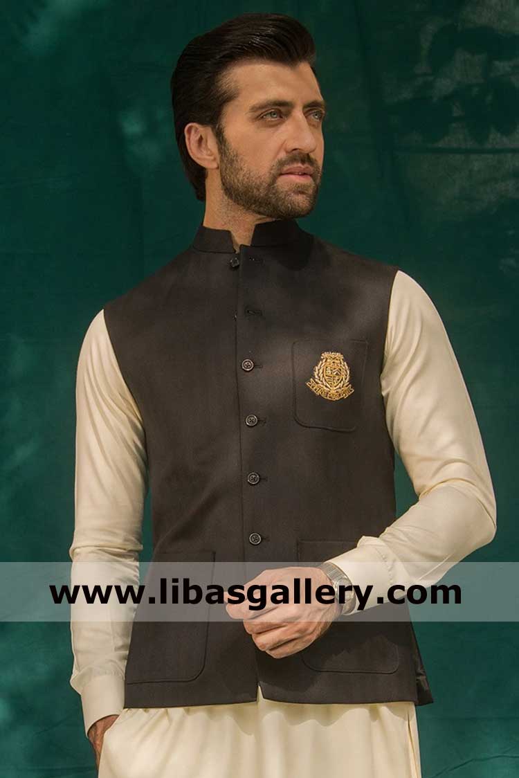 Black men vest with embroidery motif on upper pocket and total 3 pockets on male waist coat suit with inner dubai sharjah abu dhabi UAE