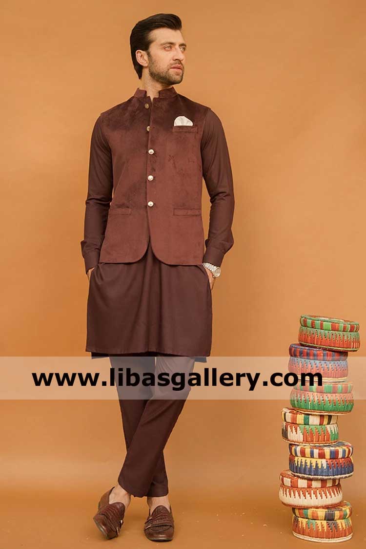 Designer velvet waist coat for sangeet night in bole brown color with kurta pajama suit Oregon Kentucky Wisconsin USA