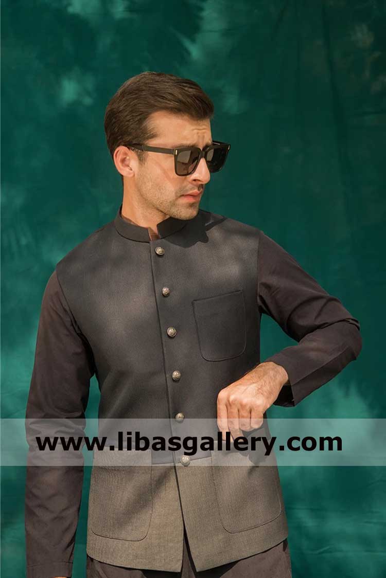 Gents dark shade vest for special occasion and party day in gray color with monotone kurta pajama suit Iowa Alabama Michigan USA