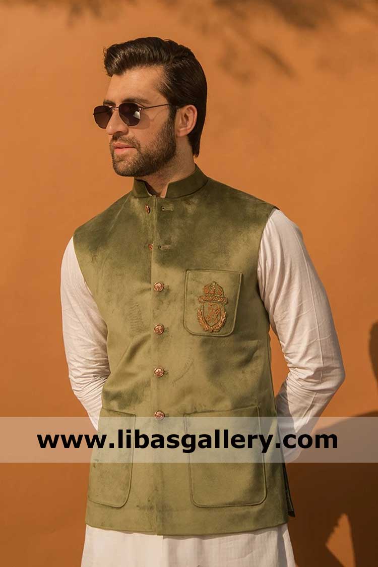 Pistachio Green Velour Waist Coat for men party event with inner kurta pajama dress soft type Barnsley Barnstaple Barry UK