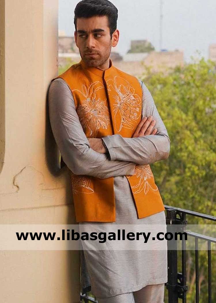 mustard wedding waist coat with classic embroidery on front panels for nikah barat day paired with kurta pajama suit  saudi arabia qatar dubai