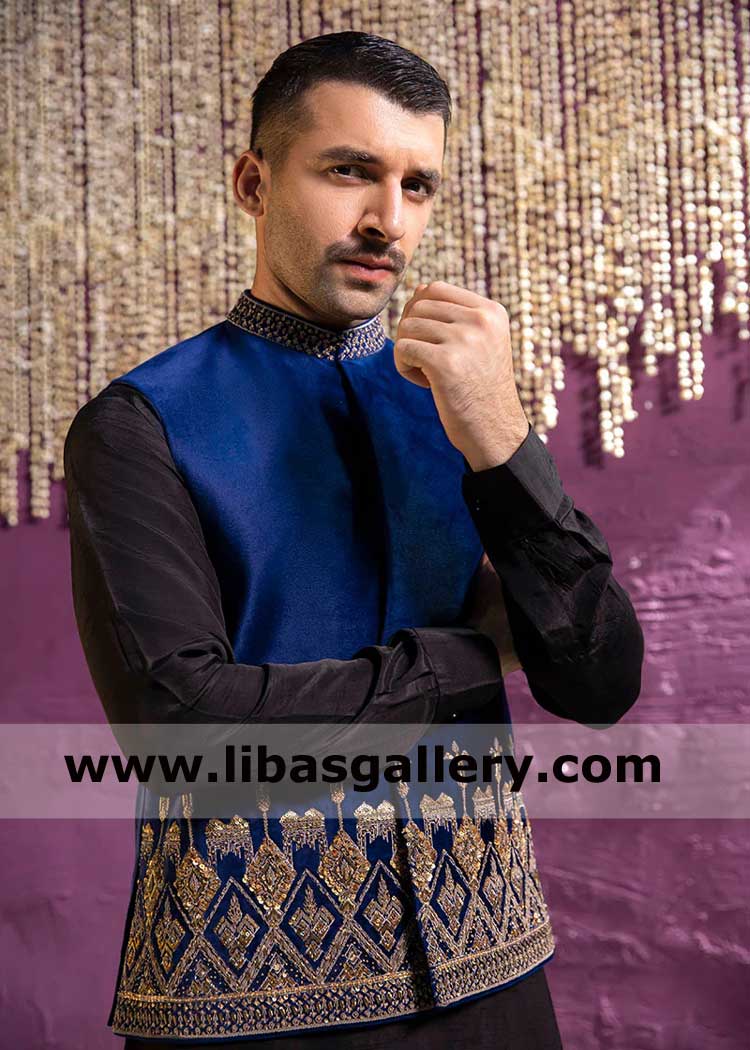 Pakistani Navy blue gold hand Embellished Nikah barat Wedding Groom Waist coat suit Wahaj Ali wearing UK USA Dubai Canada Australia