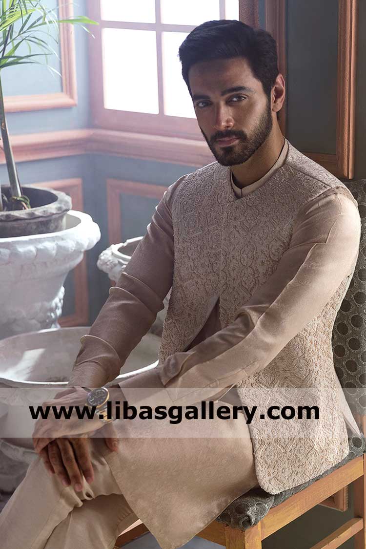 Pearl White Embellished Pakistani Men Waist Coat design intricate hand work on front panels by beads kora thread UK USA CANADA Dubai Australia