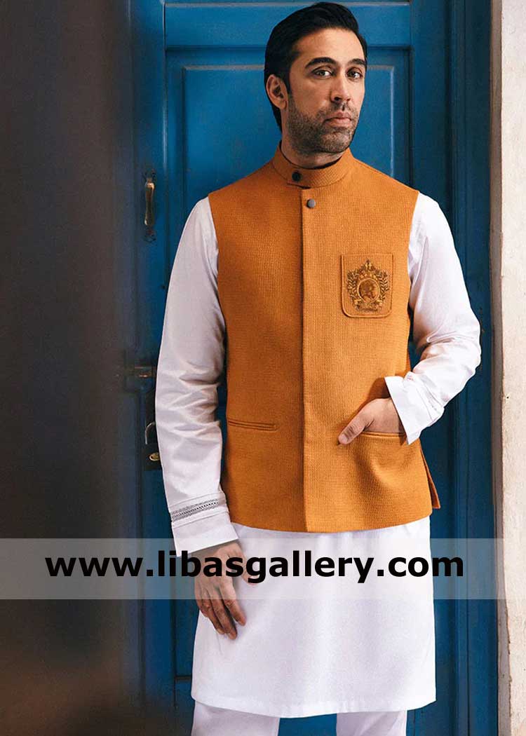 Mustard herringbone textured waist coat Sarason for Men with slit pocket paired with off white stylish kurta pajama suit Cardiff Manchester Stoke on Trent UK