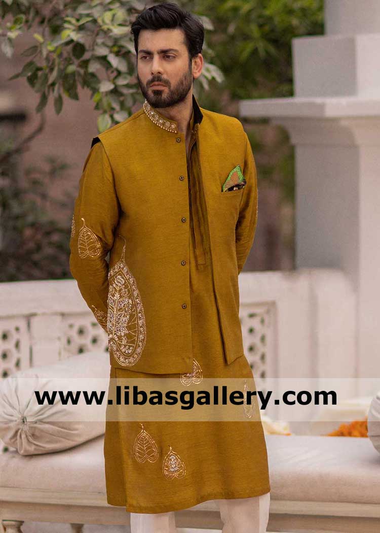 Honey gold Fawad khan Raw silk waist coat with alluring hand bedazzled betel leave motif beautiful embellished collar paired with inner UK USA Dubai