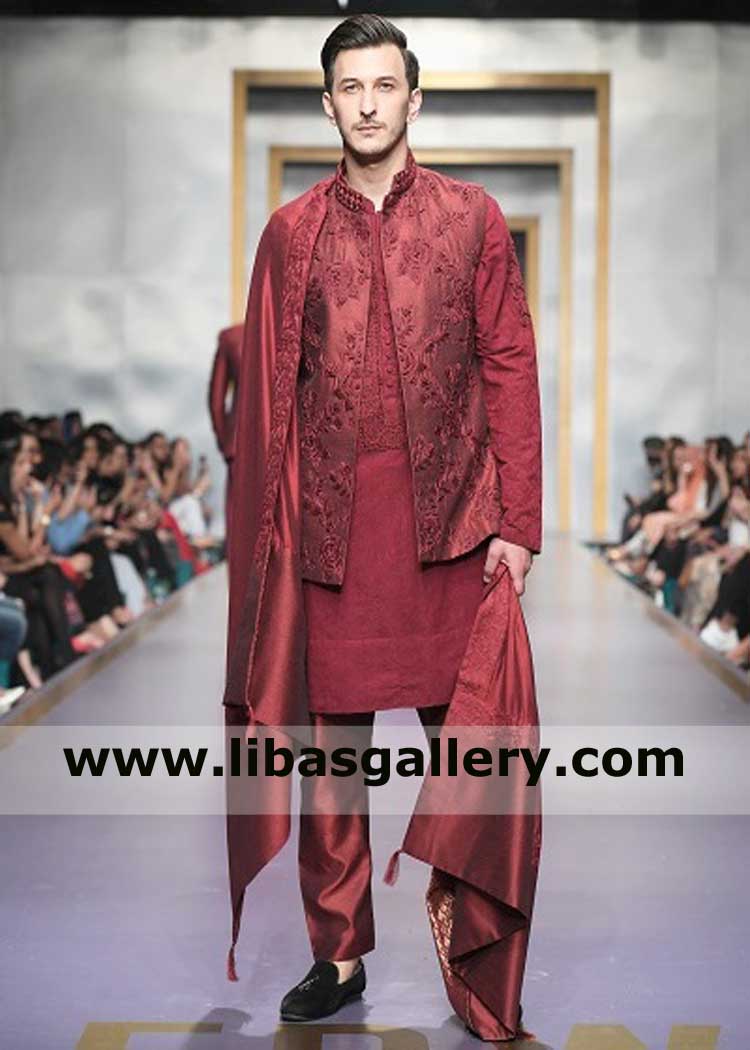 Red Maroon Latest Wedding Waist Coat for Men with Floral heavy embroidery Groom border embroidered matching silk shawl Toronto London Washington Dubai