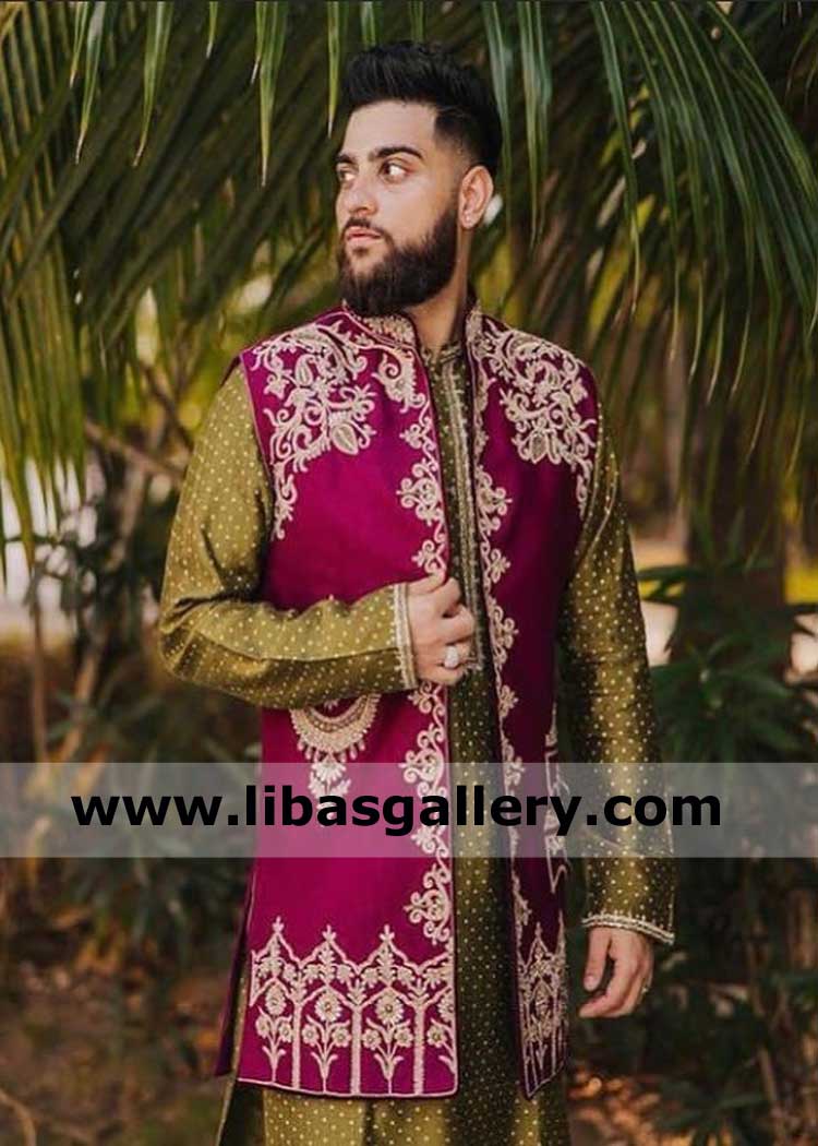 Beautiful Magenta Bespoke Embroidered Waist Coat Celebrity Style for men with Mehndi Green kurta pajama suit Bristol Cambridge Canterbury UK