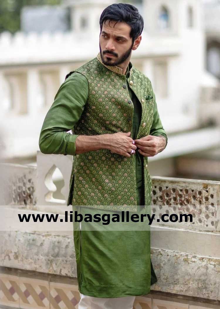 Wahaj Ali happy in Men Lush Green Raw Silk Hand Embellished by cut dana Sequins Kora Waist Coat for Mehndi Sangeet Event Sydney Sheffield California Dubai
