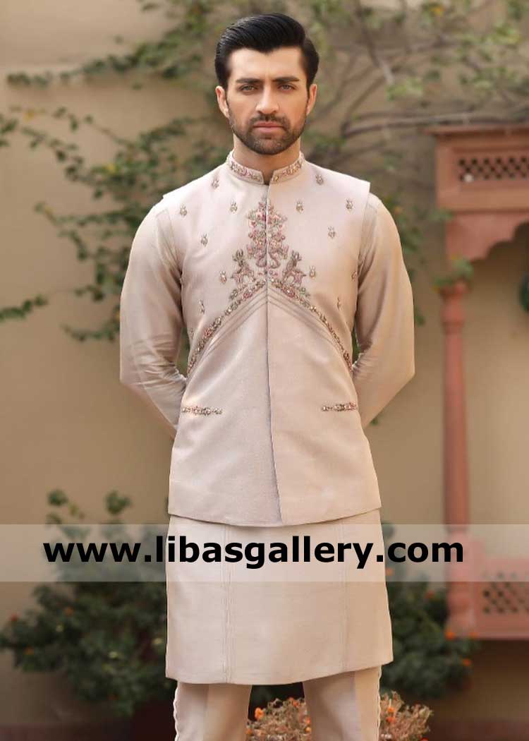 Aimal khan in Men hand embroidered powder pink Wedding Waist coat Style paired with matching kurta trouser for Nikah and Engagement day UK USA Canada Australia Dubai