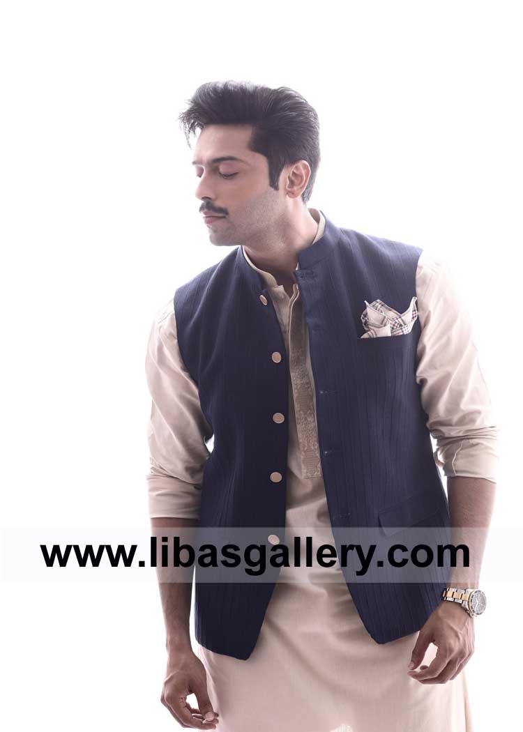 Fahad Mustafa in Midnight Blue A shape open Men Waist Coat Suit with Inner Kurta Patti Embroidery Hidden Buttons Compliment with Shalwar Saudi Arabia Qatar Dubai 